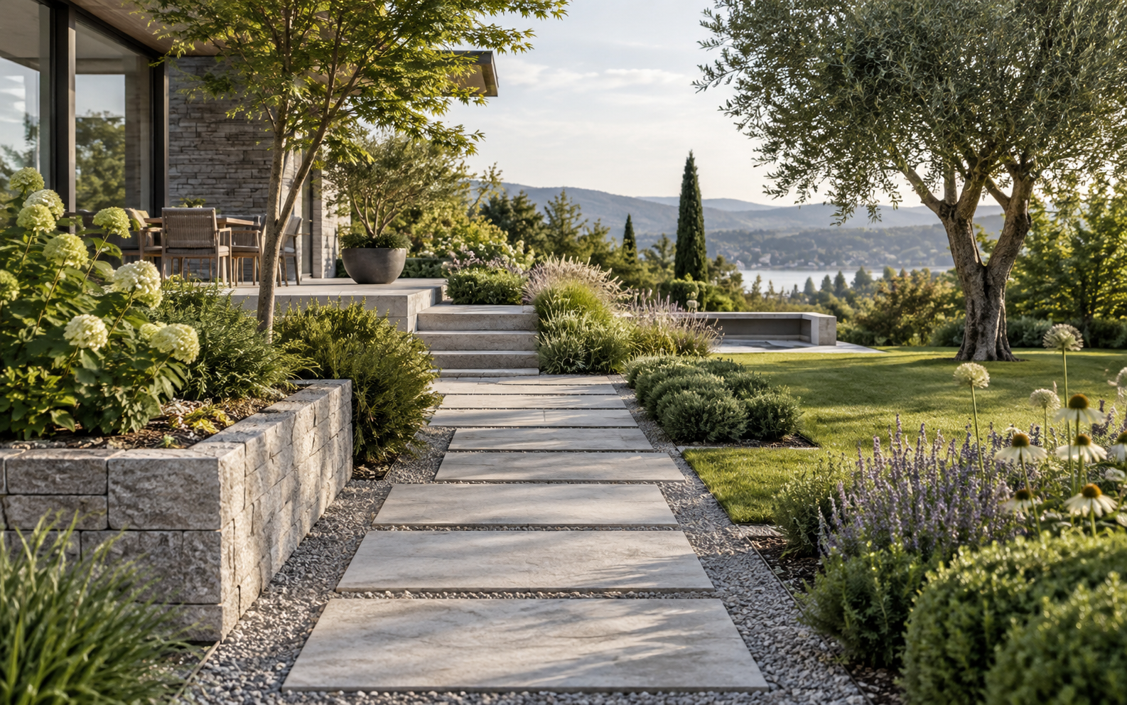Professionell gepflegte Gartenanlage mit Pflasterweg und Grünflächen